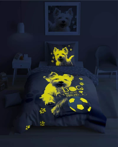 5205 A Fluo 40 Pościel bawełniana świecąca w ciemności Pies piłka Detexpol