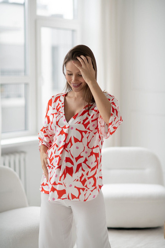 Mamafullness Bluzka ciążowa do karmienia Milk&Love w kwiaty – wiskoza, rękaw 3/4, oversize