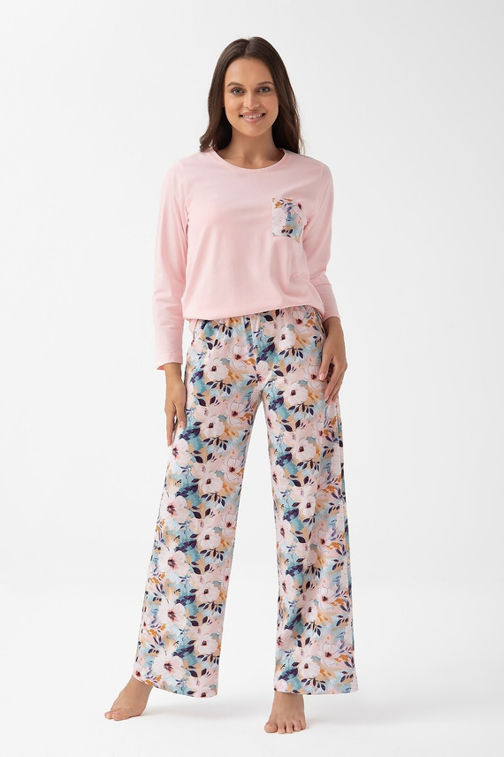 348 Piżama damska Luna różowy – bawełna, długi rękaw, kwiatowy wzór, wygoda i styl