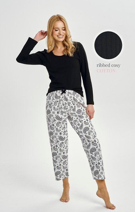 3454 Piżama damska bawełniana Taro czarna – długi rękaw, wzorzyste spodnie