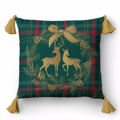 5380 A Poszewka świąteczna dekoracyjna Christmas Deco Detexpol renifer w wieńcu na tle kratki-  zamek błyskawiczny