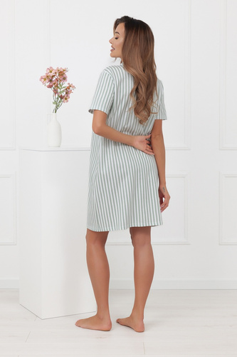 Koszula nocna Genna Italian Fashion 100% bawełna paski krótki rękaw - szałwia