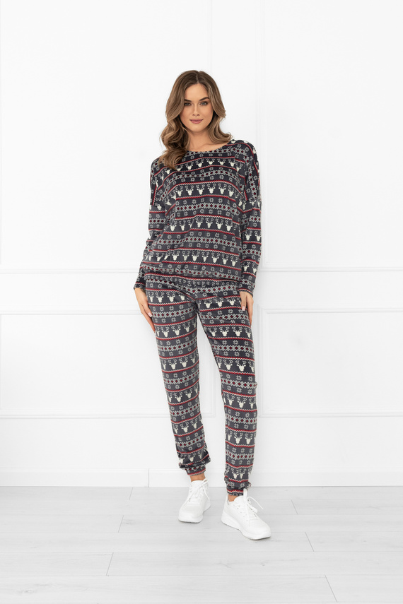 Komplet damski Navara – polarowy zestaw w świąteczny wzór z reniferami Italian Fashion - grafitowy 