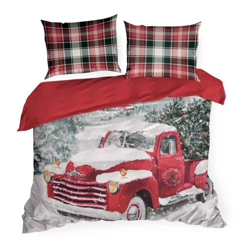 Vinti Pościel świąteczna Eurofirany – czerwona kratka z motywem samochodu, 100% bawełna