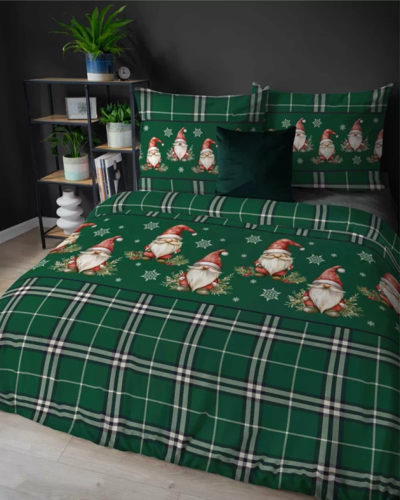 5622 B Magia Świąt Pościel flanelowa świąteczna Detexpol zielona w kratę ze skrzatami i śnieżynkami – bawełna 100%, 160 g/m², zamek, OEKO-TEX®