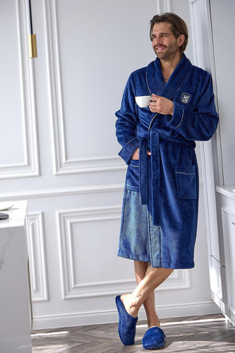 L&L 2661 Elegant Szlafrok Męski Klasyczny Szalowy Kołnierz Miękki navy