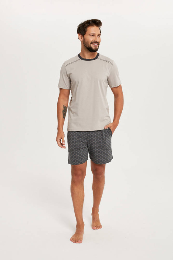 Abel Piżama Męska krótki rękaw, spodenki Italian Fashion - beżowy/druk