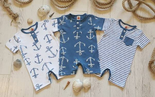 "BLUE SEA" Makoma pajac letni, rampers niebieski