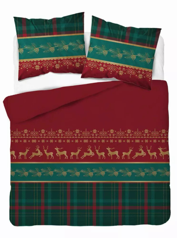 5620 B Magia Świąt Pościel flanelowa świąteczna Detexpol czerwona z reniferami i kratą– bawełna 100%, 160 g/m², zamek, OEKO-TEX®