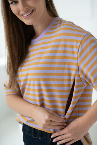 Mamahood T-shirt ciążowy i do karmienia Milk&Love miodowo-liliowe paski– wygodny i stylowy
