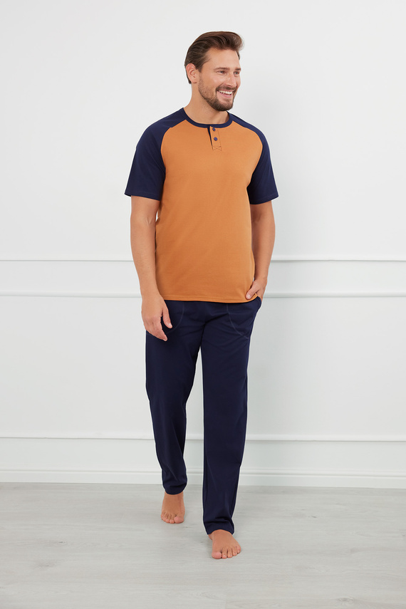 Aleksander Piżama Męska krótki rękaw, długie spodnie Italian Fashion - koniak/granat 