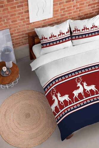 4144 B Pościel flanelowa świąteczna renifery Detexpol czerwony/granatowy