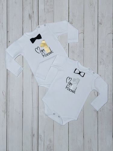 "1 Roczek" Bambarillo Body z długim rękawem- biało- złoty