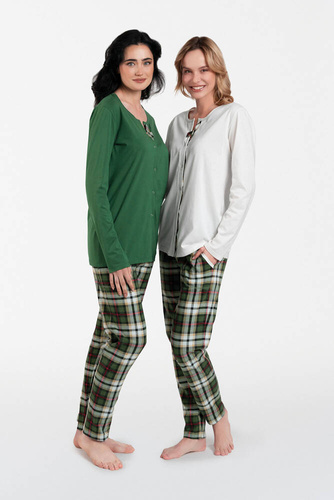 Asama Rozpinana Piżama Damska długi rękaw, długie spodnie Italian Fashion - ecru/druk