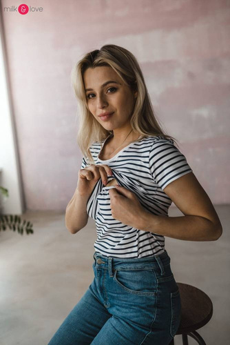 Milk Shirt Bluzka do karmienia i ciążowa z krótkim rękawem Milk&Love w biało-granatowe paski