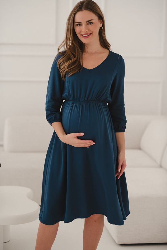 Lovely Dress Midi Sukienka ciążowa i do karmienia Milk&Love– granatowa, wiskoza 100%, rękaw 3/4 | Styl i wygoda
