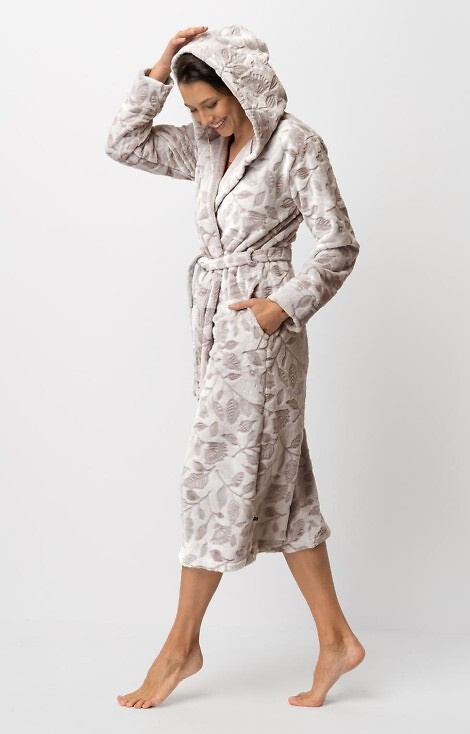 LGL 545 Szlafrok damski Key ecru-mocca – miękki, z kapturem, wiązany w pasie