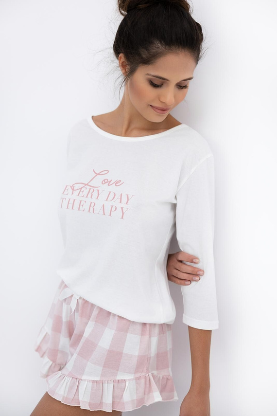 Emily Sensis – Piżama damska z bawełny | Koszulka 3/4 i szorty w kratkę z falbanką