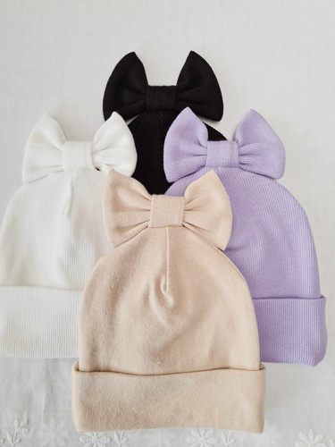 15K Czapka z kokardką prążek podwójna Marija - ecru