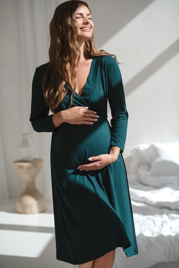 Star Light Koszula nocna ciążowa i do karmienia bambusowa 7/8 Milk&Love butelkowa zieleń– oddychająca, do szpitala, wygodne karmienie piersią