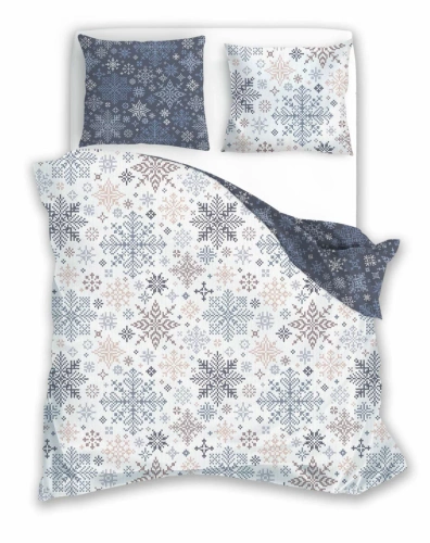 Scandic 077 Pościel świąteczna Scandic Faro biała i granatowa w śnieżynki– dwustronna bawełna 100%, zamek