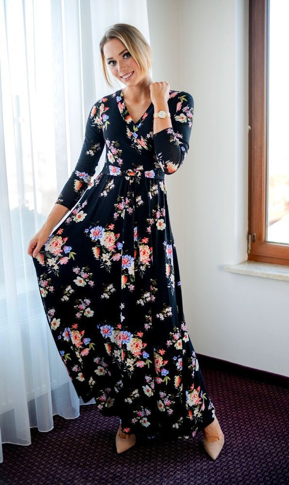 109 Wizytowa Sukienka z długim rękawem MIRACLE- granat w kwiaty