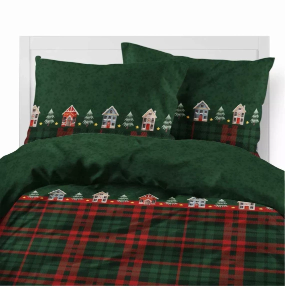 5619 B Magia Świąt Pościel flanelowa świąteczna Detexpol zielona w domki i kratę– bawełna 100%, 160 g/m², zamek, OEKO-TEX®