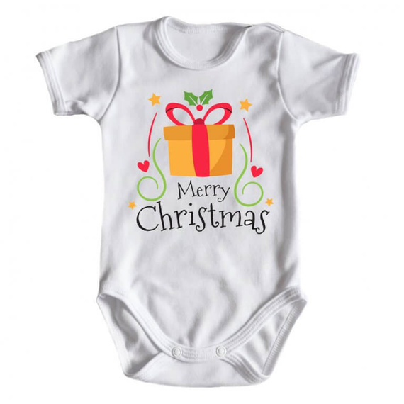 "Merry Christmas z prezentem BOŻE NARODZENIE" Moocha body krótki rękaw biały