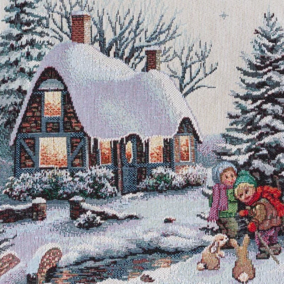 4051 Obrus świąteczny gobelinowy Śnieżny biały szary domek Eurofirany szary