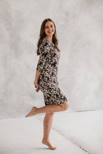 Milky Classic Sukienka do karmienia Milk&Love rękaw 3/4 czarna w kwiatuszki