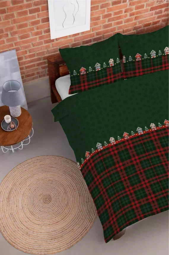 5619 B Magia Świąt Pościel flanelowa świąteczna Detexpol zielona w domki i kratę– bawełna 100%, 160 g/m², zamek, OEKO-TEX®