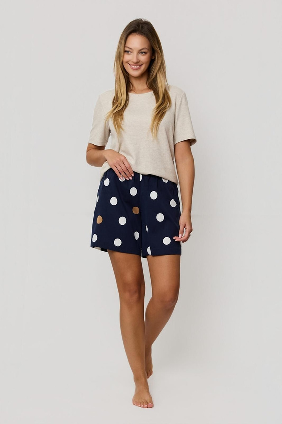 Piżama damska Mefemi by Nipplex Oceane beżowa – prążkowana z wiskozy, koszulka i szorty w grochy