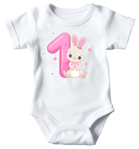"ROCZEK dla dziewczynki, króliczek jedynka" Moocha Body krótki rękaw biały