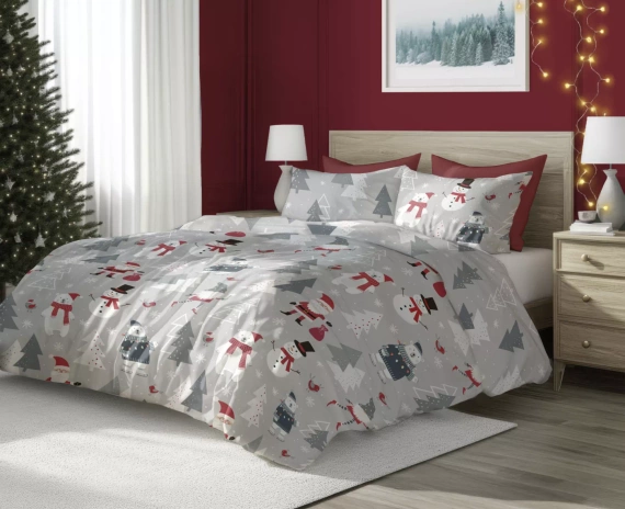 Scandic 079 Pościel świąteczna Scandic Faro szara z Mikołajami– dwustronna bawełna 100%, zamek
