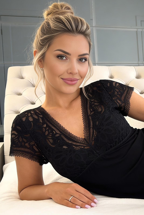 Koszula Nocna Elena Donna Wiskoza Koronka Elegancka Miękka V-Neck czarna