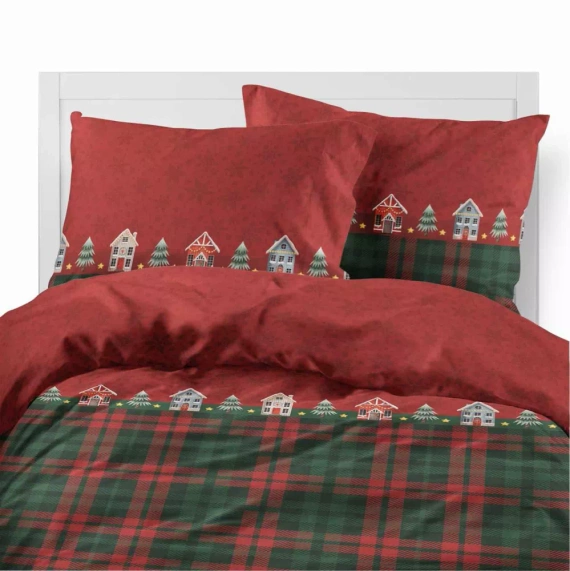 5619 B Magia Świąt Pościel flanelowa świąteczna Detexpol czerwona w domki i kratę– bawełna 100%, 160 g/m², zamek, OEKO-TEX®