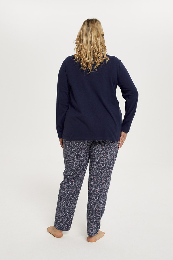 Sajna Piżama Damska długi rękaw, długie spodnie Italian Fashion - granat/druk