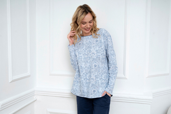 Gracjela Piżama Damska długi rękaw, długie spodnie Italian Fashion - druk niebieski/granatowy