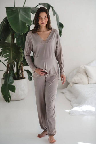 Moon bambusowa bluzka od piżamy ciążowej do karmienia długi rękaw Milk&Love beżowy