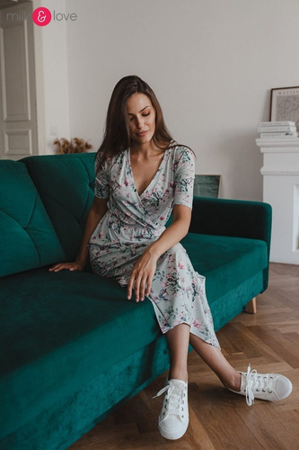 Sukienka do karmienia Two Ways LONG krótki rękaw Milk&Love miętowa w magnolie i ptaki