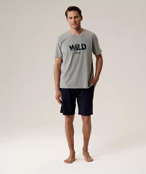 Piżama męska NMP-396 –szary granatowyi bawełna, krótki rękaw, lekka i wygodna na lato
