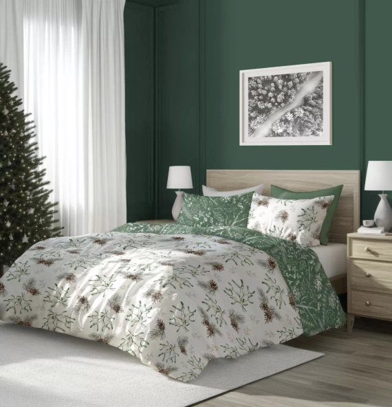 Scandic 083 Pościel świąteczna Scandic Faro biała i zielona z szyszkami- dwustronna bawełna 100%, zamek