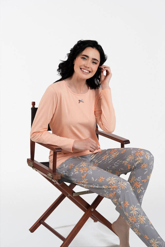 Kasali Piżama Damska długi rękaw i spodnie Italian Fashion - łosoś/druk 