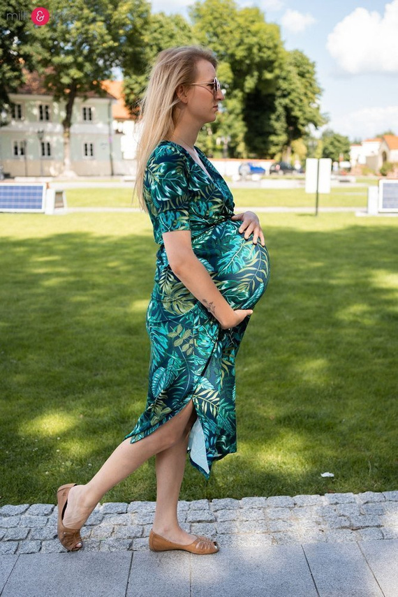 Sukienka do karmienia Two Ways LONG krótki rękaw Milk&Love miętowa w magnolie i ptaki