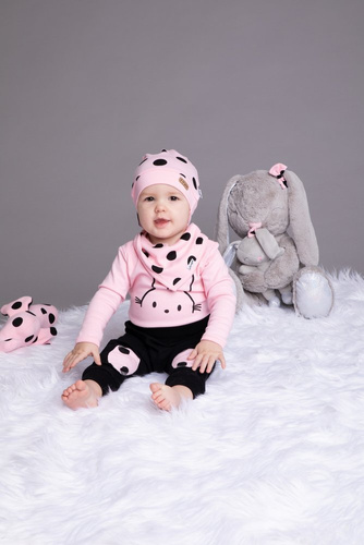 Komplet 163381 "Bunny Groszki" czapka, apaszka, body i spodnie Nicol - róż