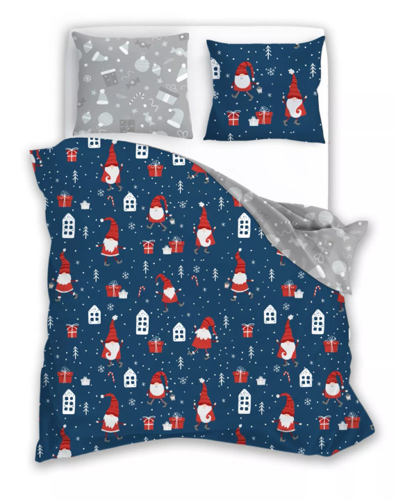 Scandic 081 Pościel świąteczna Scandic Faro granatowo-szara ze skrzatami– dwustronna bawełna 100%, zamek