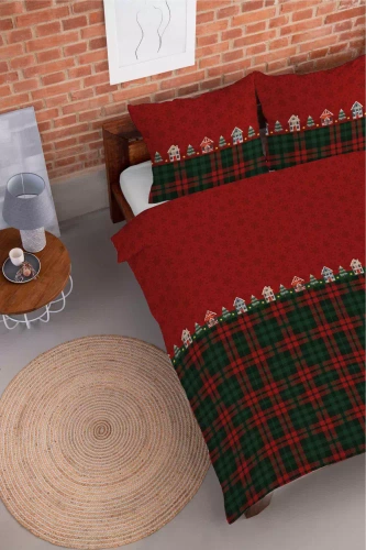 5619 B Magia Świąt Pościel flanelowa świąteczna Detexpol czerwona w domki i kratę– bawełna 100%, 160 g/m², zamek, OEKO-TEX®