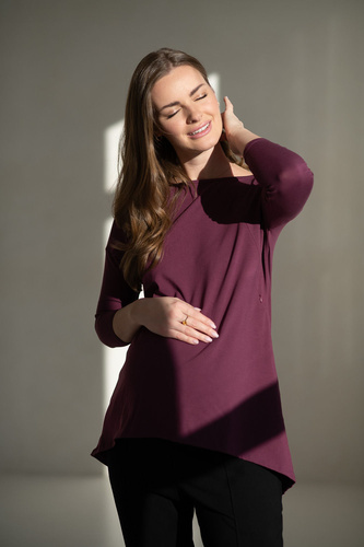 Mommy Tunika ciążowa i do karmienia Mauve Wine Milk&Love – bluzka oversize z krytymi zamkami, bawełna Oeko-Tex