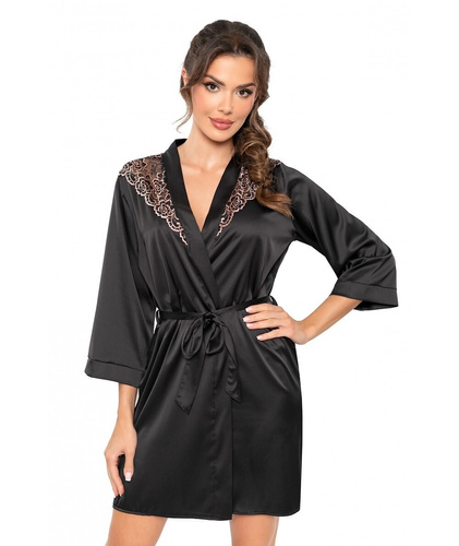 Szlafrok Sabrina Donna czarny– satynowy peniuar z koronką, wiązany w pasie