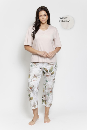 Piżama 3567 Afrodyta Taro beżowa- Bawełniana Piżama Damska z Kwiatowym Printem, Rękaw 7/8